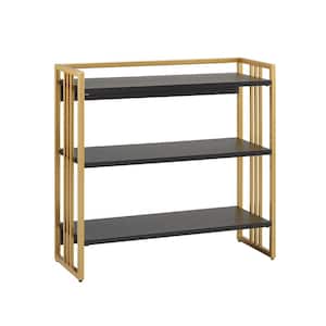 30.5 in. H Black and Satin Gold Mixed Metal and Wood Slatted 3-Shelf Accent Bookcase
