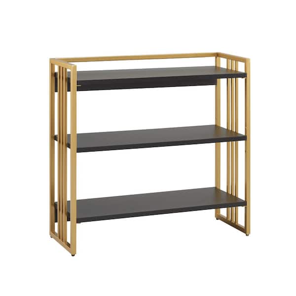 Leick Home 30.5 in. H Black and Satin Gold Mixed Metal and Wood Slatted 3-Shelf Accent Bookcase