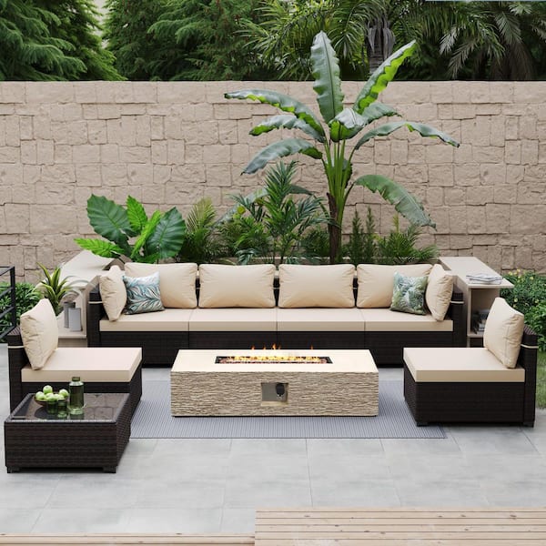 PATIO WATCHER 8-Piece Wicker Patio Conversation Set with Cushions and 56 in. Outdoor Rectangle Fire Pit Table, Beign Cushions