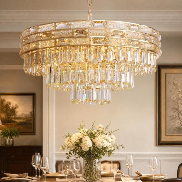 23.6 in. 12 Light Gold Round Crystal Chandelier with Tiered Teardrop Crystals and Adjustable Chain