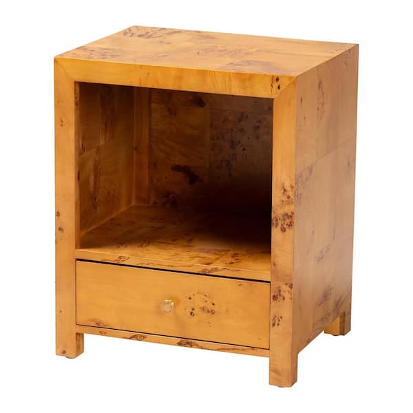bali & pari Camira Light Mappa Real Burl Wood 1-Drawer Nightstand