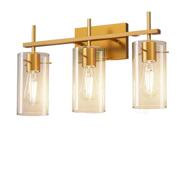20 in. 3-Light Gold Metal LED Vanity Light with Clear Glass Shades, Modern Bathroom Lighting Fixture for Bathroom