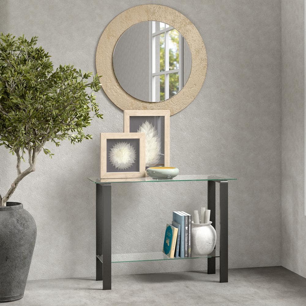 Asta 42'' Gunmetal Gray Glass Console Table with Storage