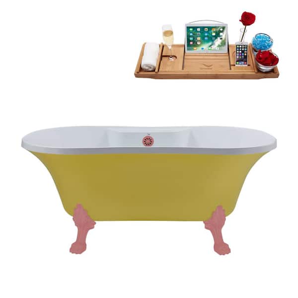Streamline 60 in. x 32 in. Acrylic Clawfoot Soaking Bathtub in Matte Yellow with Matte Pink Clawfeet and Matte Pink Drain