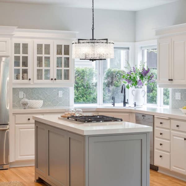 5 light 18.7" Black Modern Round Drum Chandelier With Water Ripple Glass Shape for Dining Room with no bulbs included