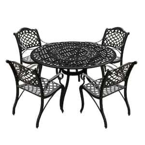 Black 5-Piece Aluminum Round Mesh Outdoor Dining Set with 4-Chairs