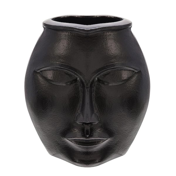 Benjara Black Round Metal Vas with Facial Structure