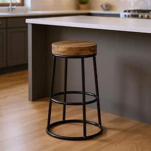 26.50 in. H Black, Natural Counter Height Metal Bar Stool with Solid Wood Seat