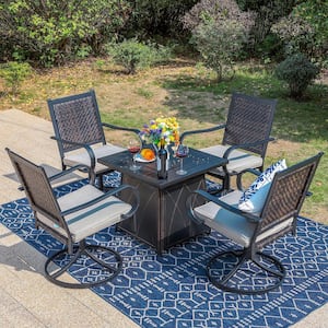 Black 5-Piece Metal Patio Fire Pit Set with Rattan Swivel Chairs with Beige Cushion