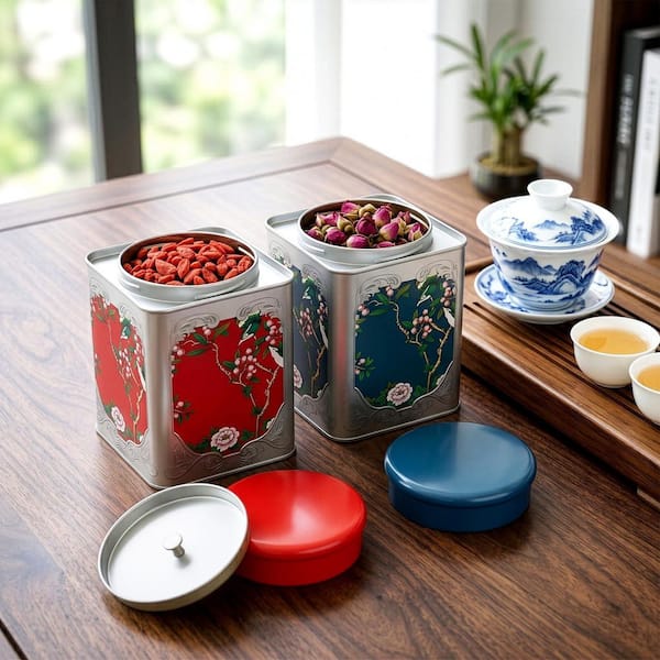 Glass 3-Pack Airtight Tinplate Material Tea Canisters with Double Lids, 38 oz. Chinese Vintage Style for Loose Tea and