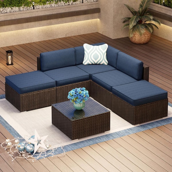 Dark Brown Rattan Wicker 5 Seat 6-Piece Steel Outdoor Patio Sectional Set with Blue Cushions and Coffee Table