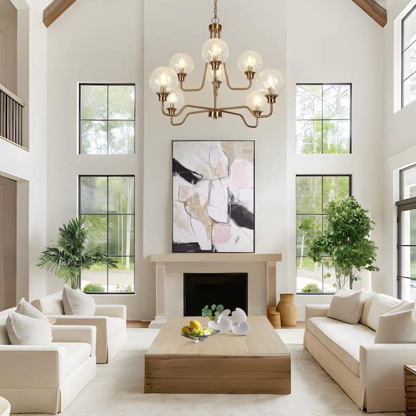 Modern 8-Light Brass Sputnik Island Chandelier with Globe Cracked Glass Shade for Living Room, 37.4 in. W Large Pendant
