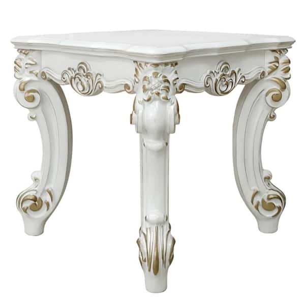 Benjara 26 in. White and Gold Square Wood End/Side Table with Scrolled Legs