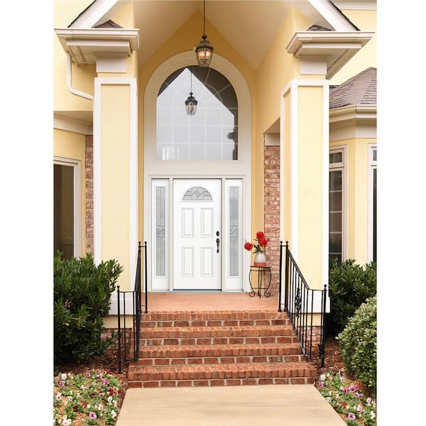 60 in. x 80 in. Left-Hand Fan Lite Decorative Glass Caldwell Modern White Fiberglass Prehung Front Door W/Sidelites