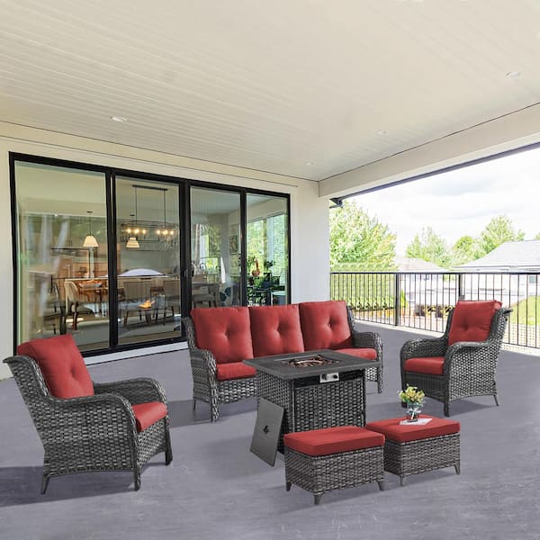 ArcoBay 6-Piece Gray Frame Wicker Patio Square Fire Pit Conversation Set with Red Cushions and Ottomans