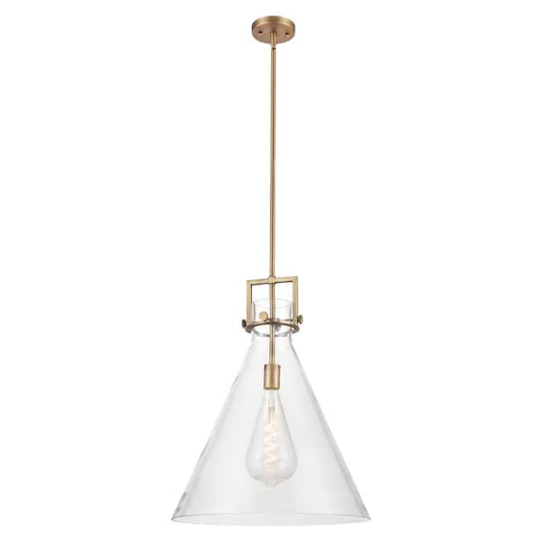 Newton Cone 100-Watt 1-Light Brushed Brass Shaded Mini Pendant Light with Clear Glass Shade