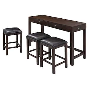 Espresso 4-Piece Wood Rectangle Counter Height Outdoor Dining Set 3 with Black Cushions, Padded Stools and Socket