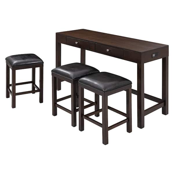 Zeus & Ruta Espresso 4-Piece Wood Rectangle Counter Height Outdoor Dining Set 3 with Black Cushions, Padded Stools and Socket