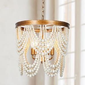 Modern Farmhouse Empire Beaded Chandelier Light, 4-Light Transitional Boho Candlestick Chandelier with White Wood Beads