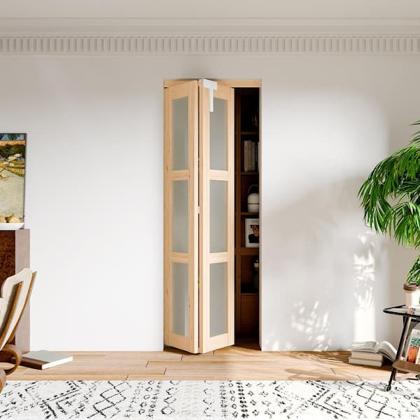 36 in. x 80 in. 3-Lite Frosted Glass Solid Core Light Brown Pine Wood Bi-fold Doors with Locks, Handles and Accessories