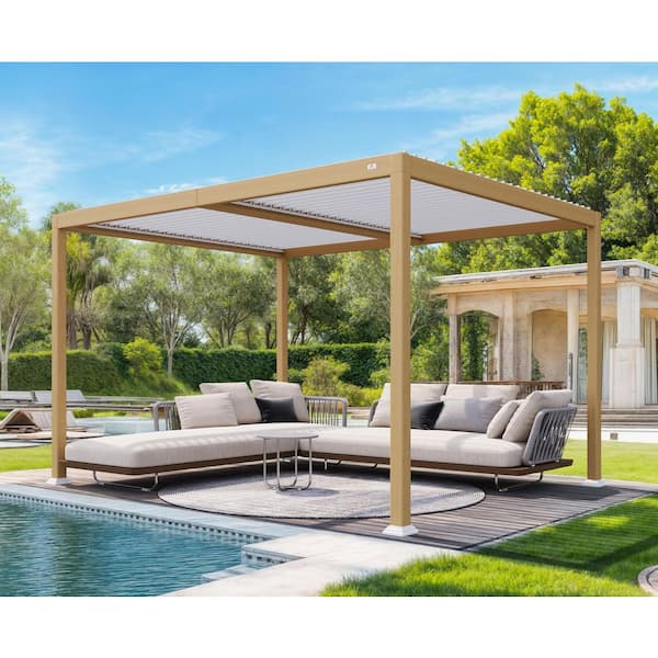 10.2 ft. x 12.3 ft. Wood Grain Aluminum Outdoor Louvered Pergola with 2-Individual Adjustable Roofs and In-Built Gutter