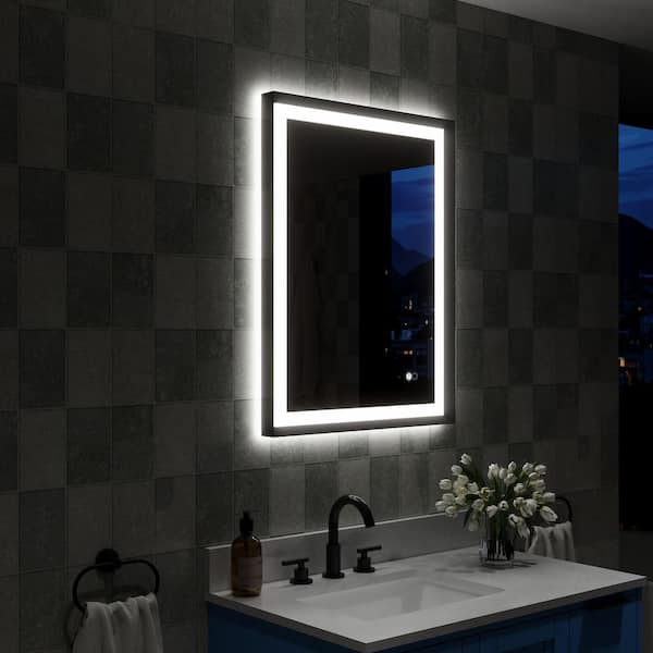 ANGELES HOME 24 in. W x 32 in. H Rectangular Framed Dimmable Backlit Front Light Slope LED Bathroom Vanity Mirror in Black,Easy Hang