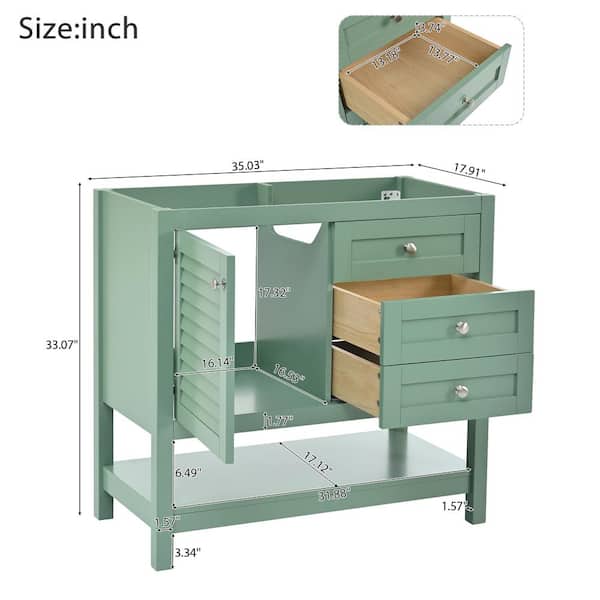 35.03 in. W x 17.91 in. D x 33.07 in. H Bath Vanity Cabinet without Top in Green with 2-Drawers, Soft Closing Doors