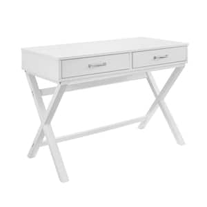 Dayna White Campaign Style Two Drawer Desk with X-Frame Legs