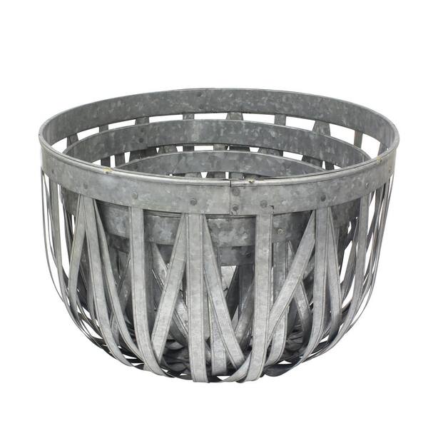 Stonebriar Collection 18 in. X 12 in. Large Antique Galvanized Metal Round Open Weave Baskets (Set of 3)