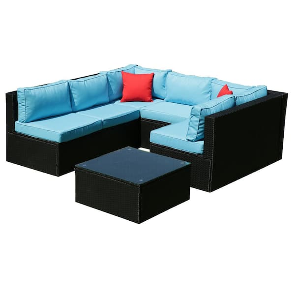 Angel Sar 5-Piece Wicker Patio Conversation Set with Blue Cushions