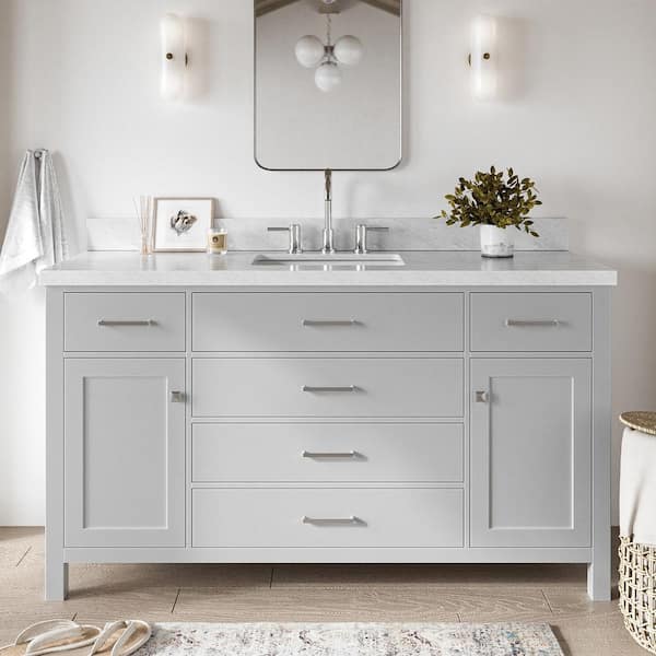 ARIEL Bristol 61 in. W x 22 in. D x 36 in. H Freestanding Bath Vanity in Grey with White Marble Top