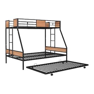 Black Twin Over Full Bunk Bed with Sturdy Metal Frame, Bed Frame with Twin Size Trundle, 2-Side Ladders and Safety Rails