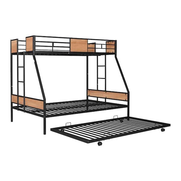 URTR Black Twin Over Full Bunk Bed with Sturdy Metal Frame, Bed Frame with Twin Size Trundle, 2-Side Ladders and Safety Rails