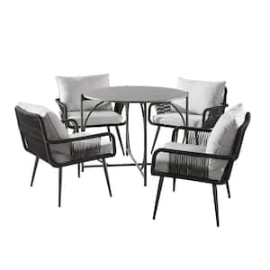Andover All-Weather 5-Piece Metal Outdoor Bistro Set with 4-Rope Chairs Light Gray Cushions and 30 in. H Bistro Table