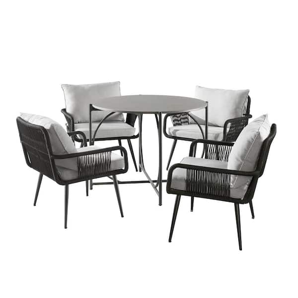 Alaterre Furniture Andover All-Weather 5-Piece Metal Outdoor Bistro Set with 4-Rope Chairs Light Gray Cushions and 30 in. H Bistro Table