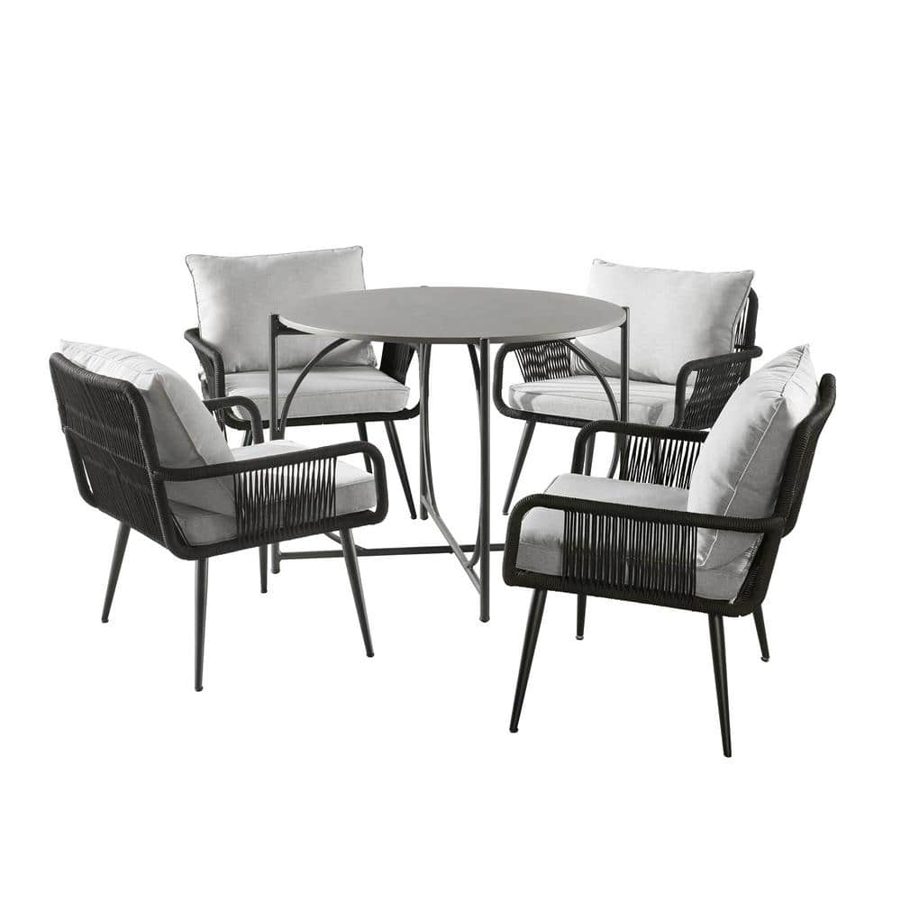 Andover Black Aluminum and Rope Outdoor Bistro Set with Cushions