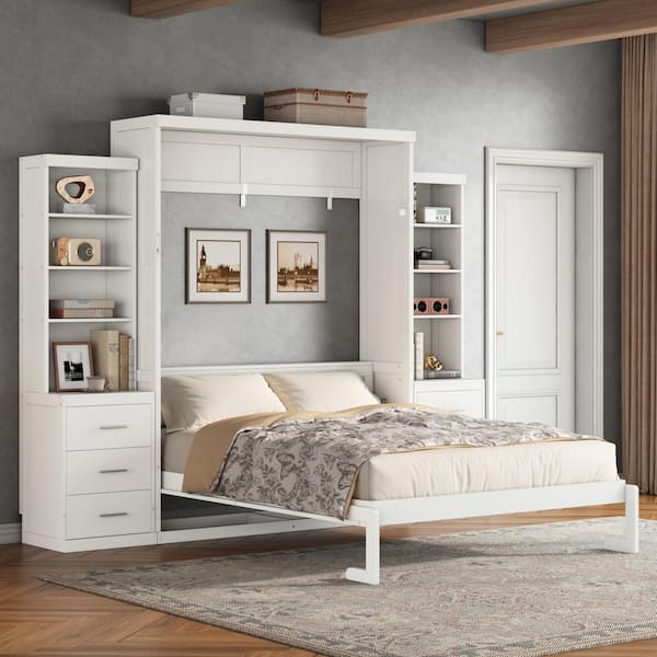 Cyrelle White Wood Frame Full Size Murphy Bed with Open Storage Shelves and Drawers