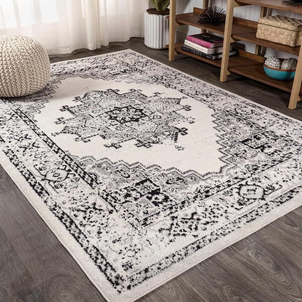 Inigo Black and White Cottage Medallion Dark Gray/Cream 4 ft. x 6 ft. Area Rug