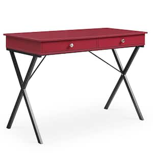 42 in. Samba Red MDF Table Top 2-Drawers Writing Desk with Black Stoving Varnsih Steel Frame