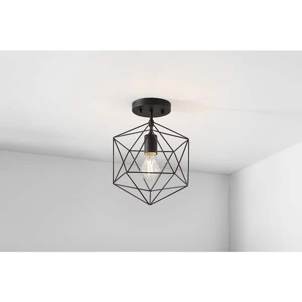 Hampton Bay Winfield 9.5 in. 1-Light Black Semi-Flush Mount Ceiling Light Fixture with Geometric Cage