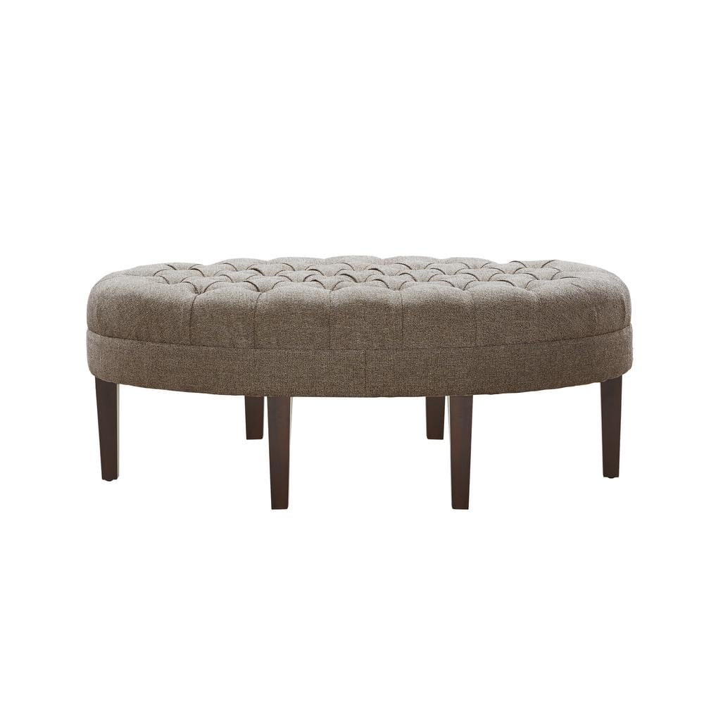 Beige Tufted Oval Ottoman with Dark Wood Legs