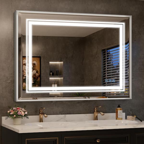 FAMYYT 40 in. W x 30 in. H Rectangular Aluminum Framed Dimmable LED Light Anti-Fog Beveled Wall Bathroom Vanity Mirror in Gray