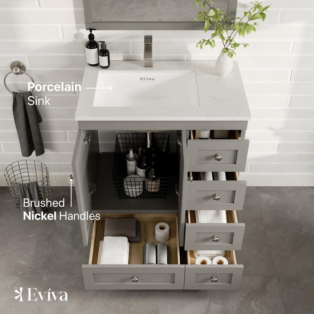 Happy 30" Gray Freestanding Bathroom Vanity with Marble Top