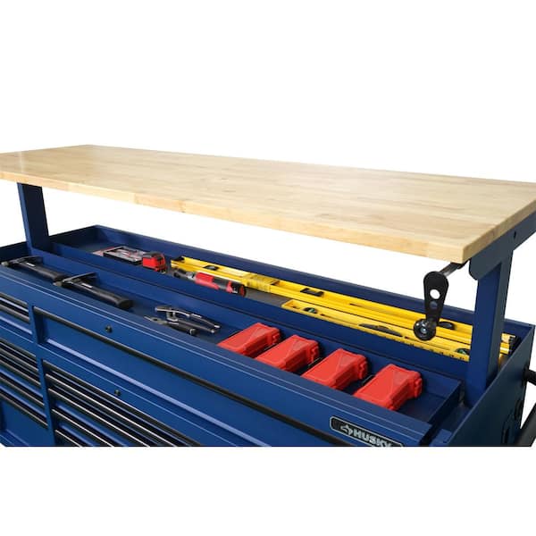 72 in. 18-Drawer Mobile Workbench with Adjustable-Height Solid Wood Top in Matte Blue 72 in. 18-Drawer Mobile Workbench with Adjustable-Height Solid Wood Top in Matte Blue