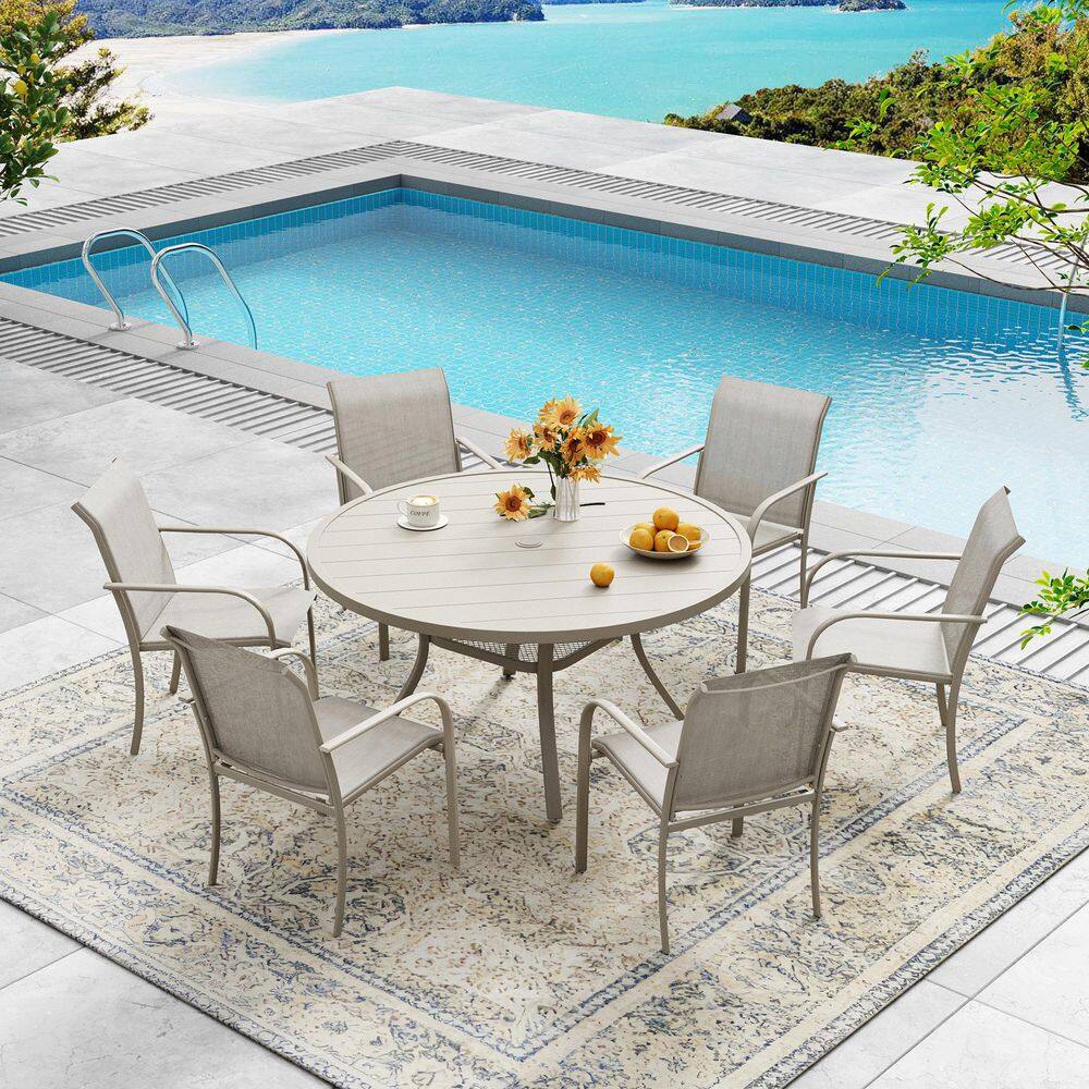 7-Piece Patio Dining Set with 47.2 in. Sandshell Metal Round Table and 6-Sandshell Stackable Chairs for Backyard price history on PriceWatchPro