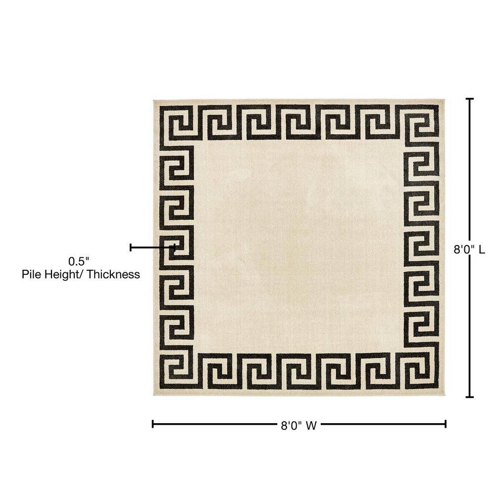 Beige and Black Geometric Border Square Rug, 8 ft