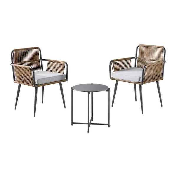Pure Garden Alburgh All-Weather Outdoor Conversation Set with 2 Rope Chairs with Gray Cushions and 18 in. H Concrete Cocktail Table