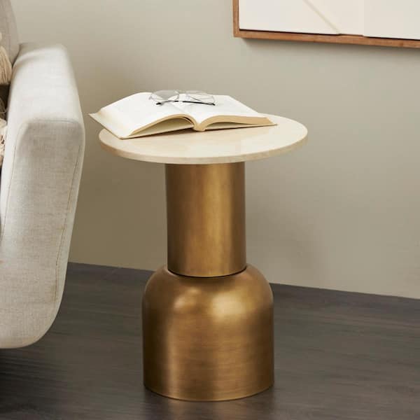 Litton Lane 16 in. Gold Pedestal Round Metal Coffee Table with Cream Marble Tabletop
