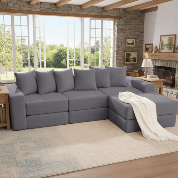 ZOSO 102 in. Square Arm 2-Piece Corduroy Modular Sofa with Ottoman Storage Pockets Sectional Sofa in Slate Gray