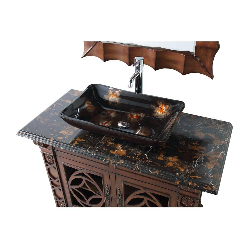 Cherry Wood Freestanding Vanity with Black Marble Top and Glass Vessel Sink